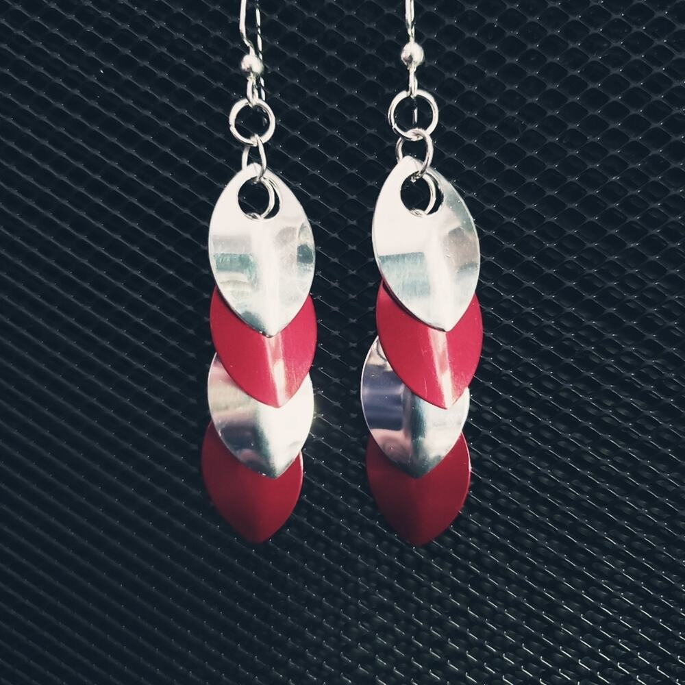 Red and silver aluminum scale earrings